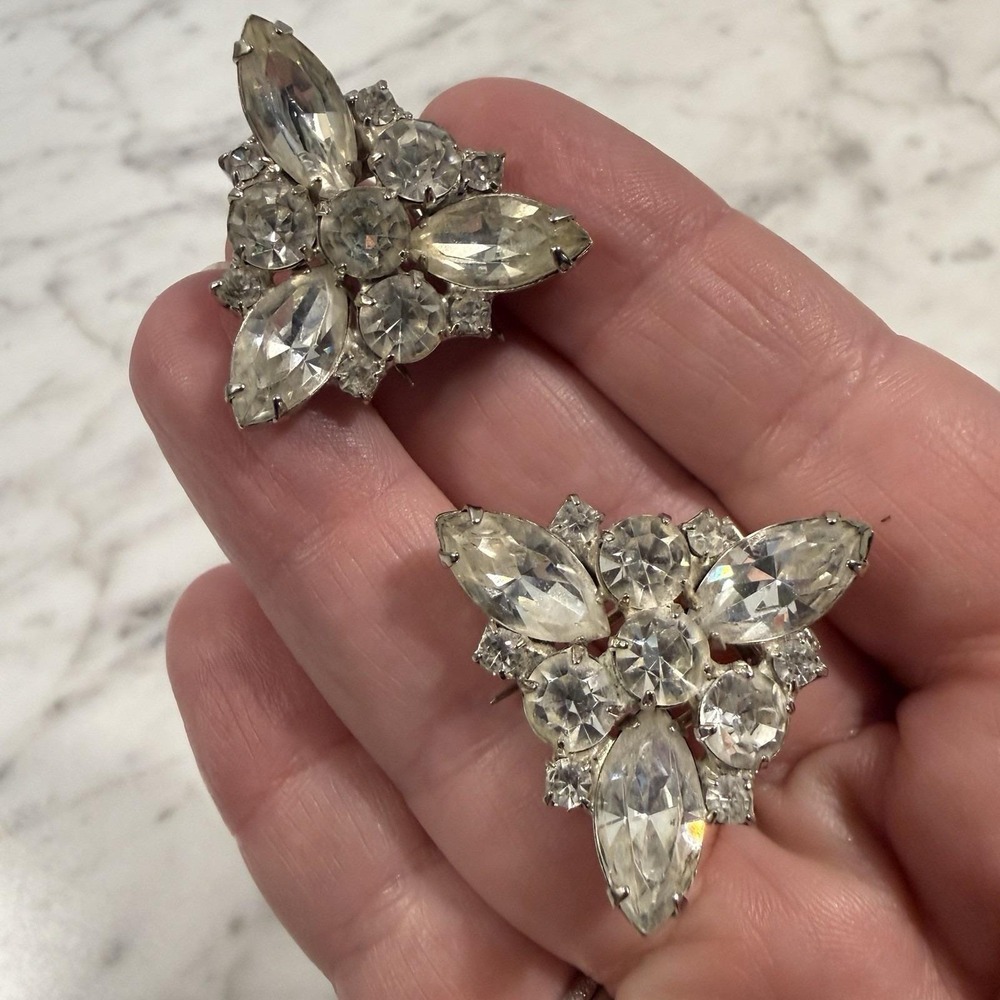 Pair of Vintage Silver Tone Triangle Fur Clips Clear Navette Rhinestone Sparkly
